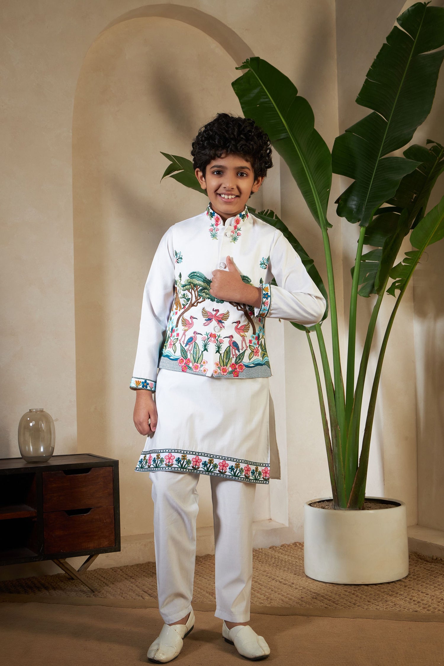 White Pure Viscose Silk Silk Kids Boy Kurta Pajama With Koti Jacket 