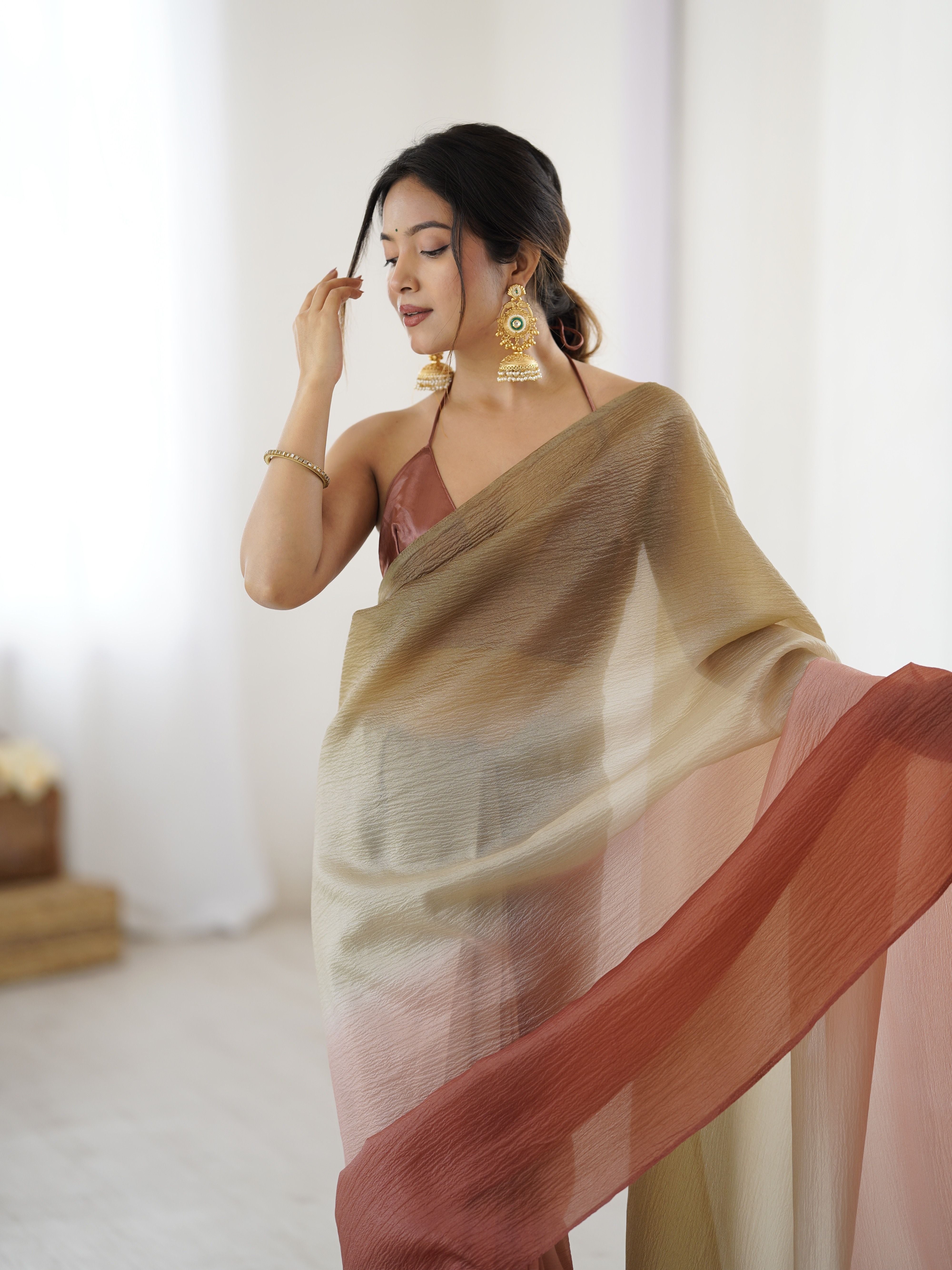 Brown shaded Pure Soft Candy Crush Silk Ready to Wear Saree ##color## Ready to Wear Saree with premium fabric and embroidery