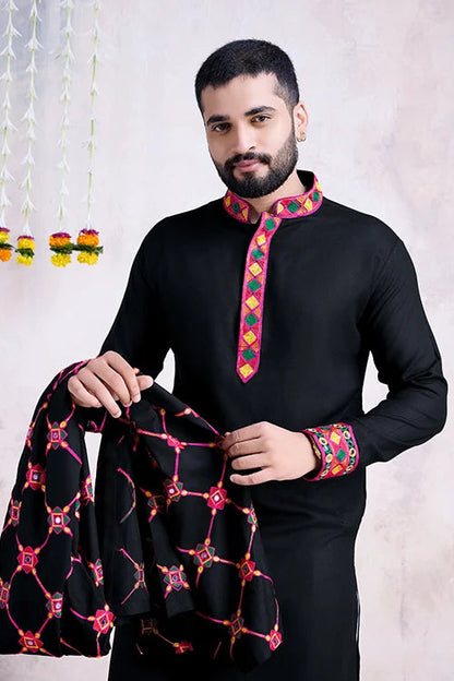 Black Color Beautiful Designer Special Mens Wear Kurta with Dupatta