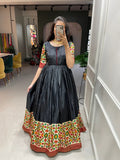Black Printed Dola Silk Gown With Dupatta