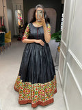 Black Printed Dola Silk Gown With Dupatta