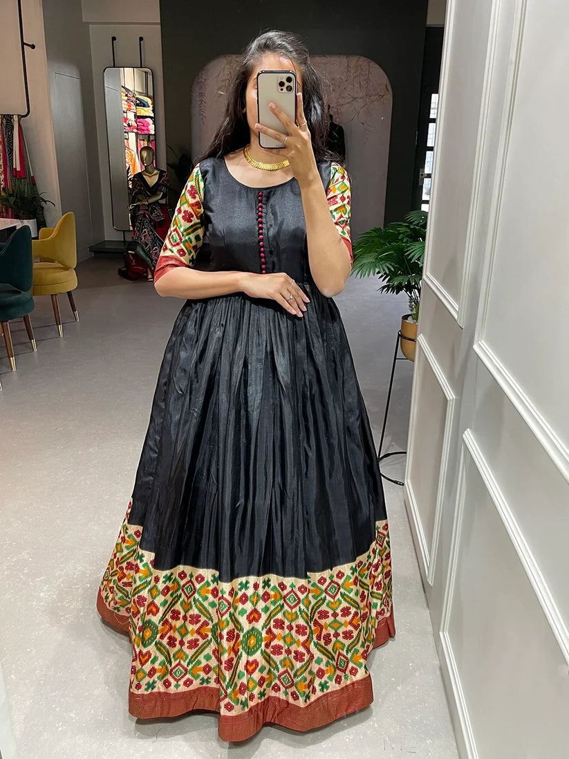 Black Printed Dola Silk Gown With Dupatta