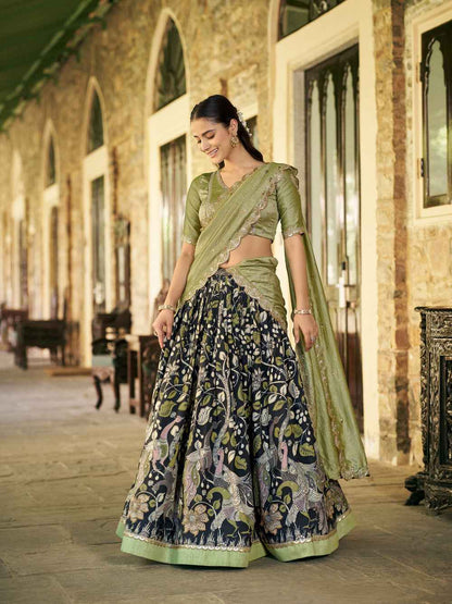 Black Pure Soft Tussar Silk Kalamkari Print Lehenga Choli