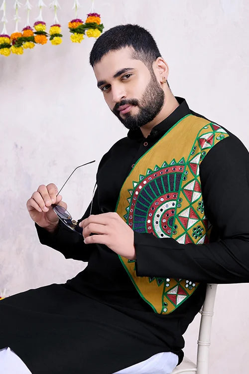 Black Color Navratri Special Real Mirror Work Men's Kurta