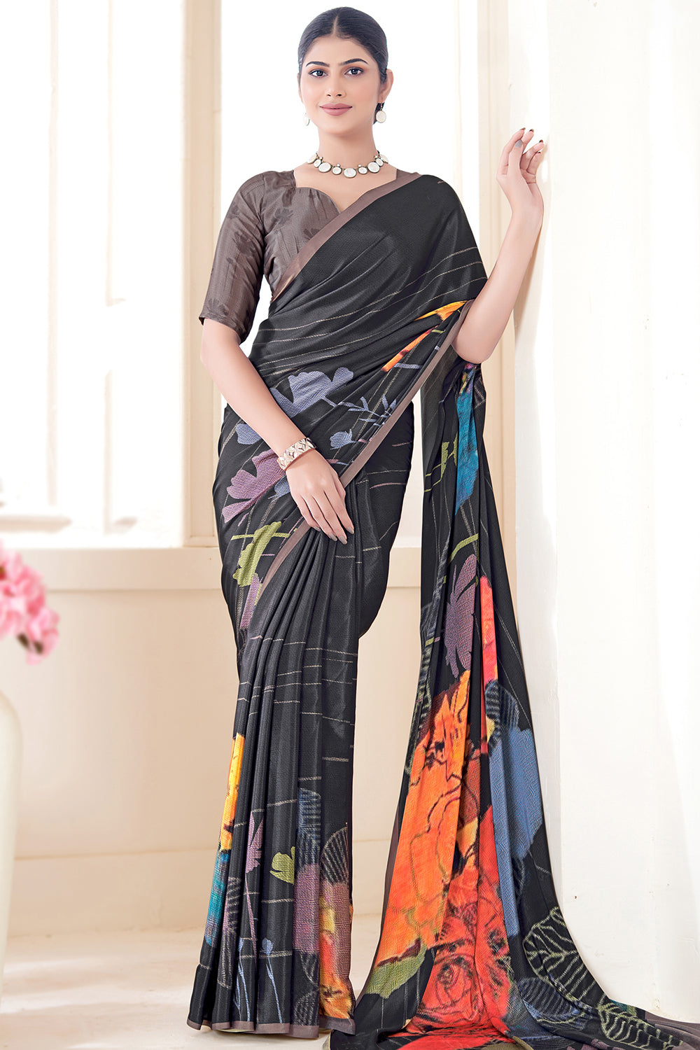 Black Pure Soft Crape With Flower Digital Prints Satin Saree ##color## Japan Satin Saree with premium fabric and embroidery