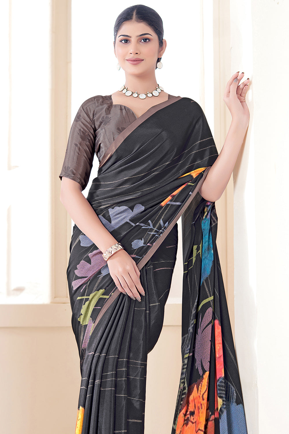 Black Pure Soft Crape With Flower Digital Prints Satin Saree ##color## Japan Satin Saree with premium fabric and embroidery