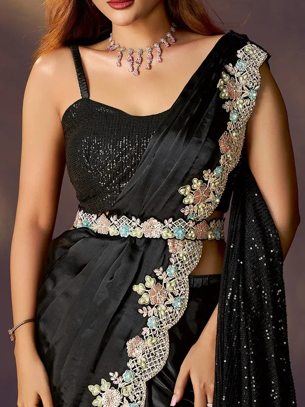 Black Pure Soft Crush Satin Silk Ready to Wear Saree ##color## Ready to Wear Saree with premium fabric and embroidery