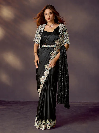 Black Pure Soft Crush Satin Silk Ready to Wear Saree 