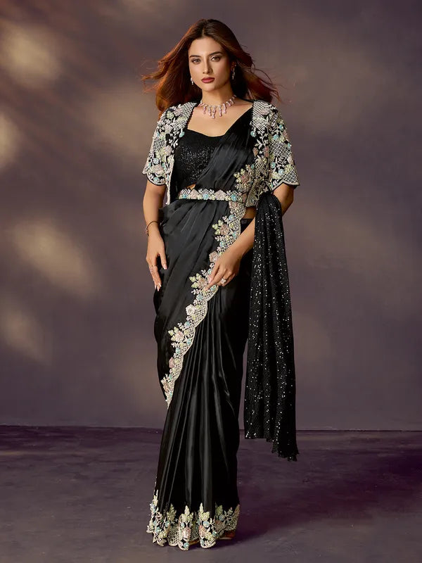 Black Pure Soft Crush Satin Silk Ready to Wear Saree ##color## Ready to Wear Saree with premium fabric and embroidery