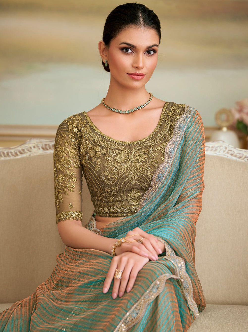 Charming Turquoise Pure Georgette Silk With Floral Sequins Saree 