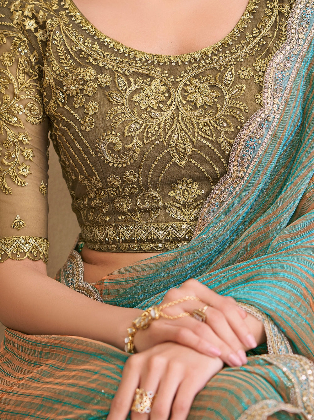 Charming Turquoise Pure Georgette Silk With Floral Sequins Saree 