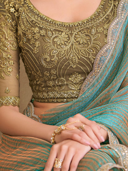Charming Turquoise Pure Georgette Silk With Floral Sequins Saree 