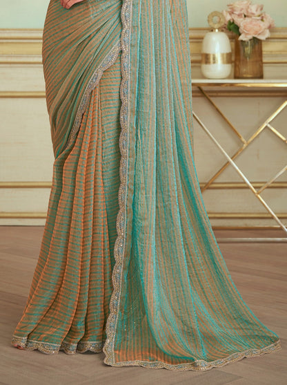 Charming Turquoise Pure Georgette Silk With Floral Sequins Saree 