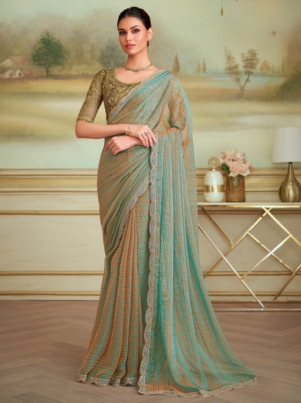 Charming Turquoise Pure Georgette Silk With Floral Sequins Saree 