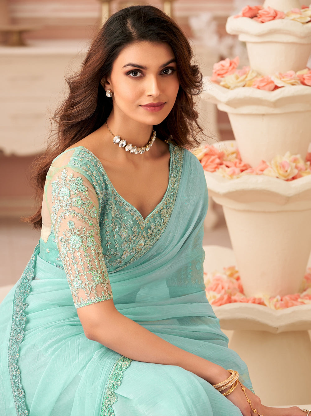 Baby Blue Pure Georgette Burberry Silk With Floral Sequins Saree 