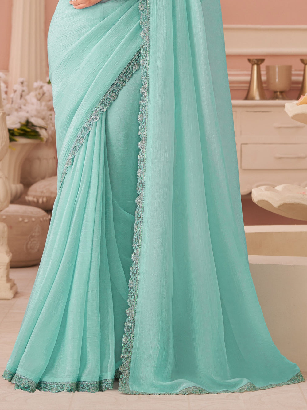 Baby Blue Pure Georgette Burberry Silk With Floral Sequins Saree 