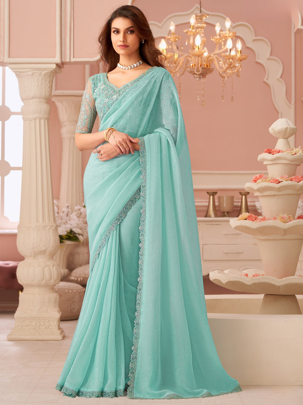 Baby Blue Pure Georgette Burberry Silk With Floral Sequins Saree ##color## Georgette Saree with premium fabric and embroidery