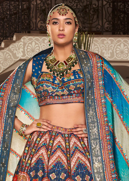 Steel Blue Multicolor Banarasi Silk Lehenga Choli with Woven Design