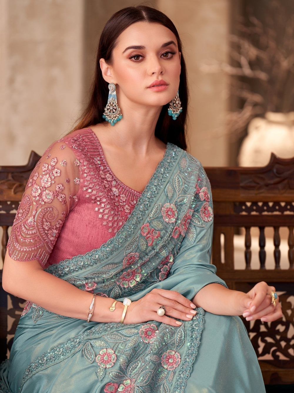 Sky Blue Pure Georgette Chiffon With Embroidery Sequins Saree 