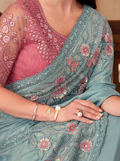 Sky Blue Pure Georgette Chiffon With Embroidery Sequins Saree 