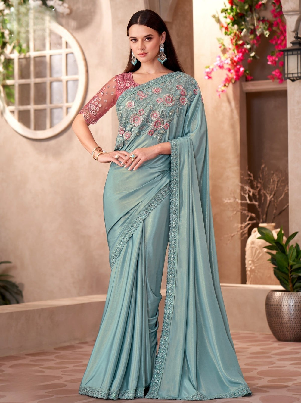 Sky Blue Pure Georgette Chiffon With Embroidery Sequins Saree 