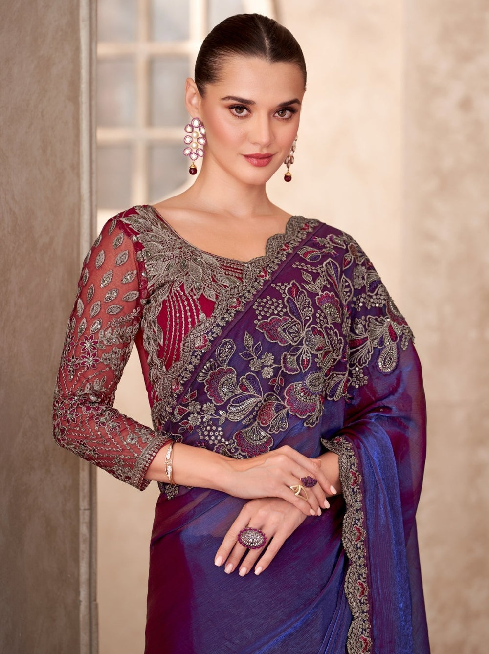 Space Purple Pure Georgette Chiffon With Embroidery Sequins Saree 