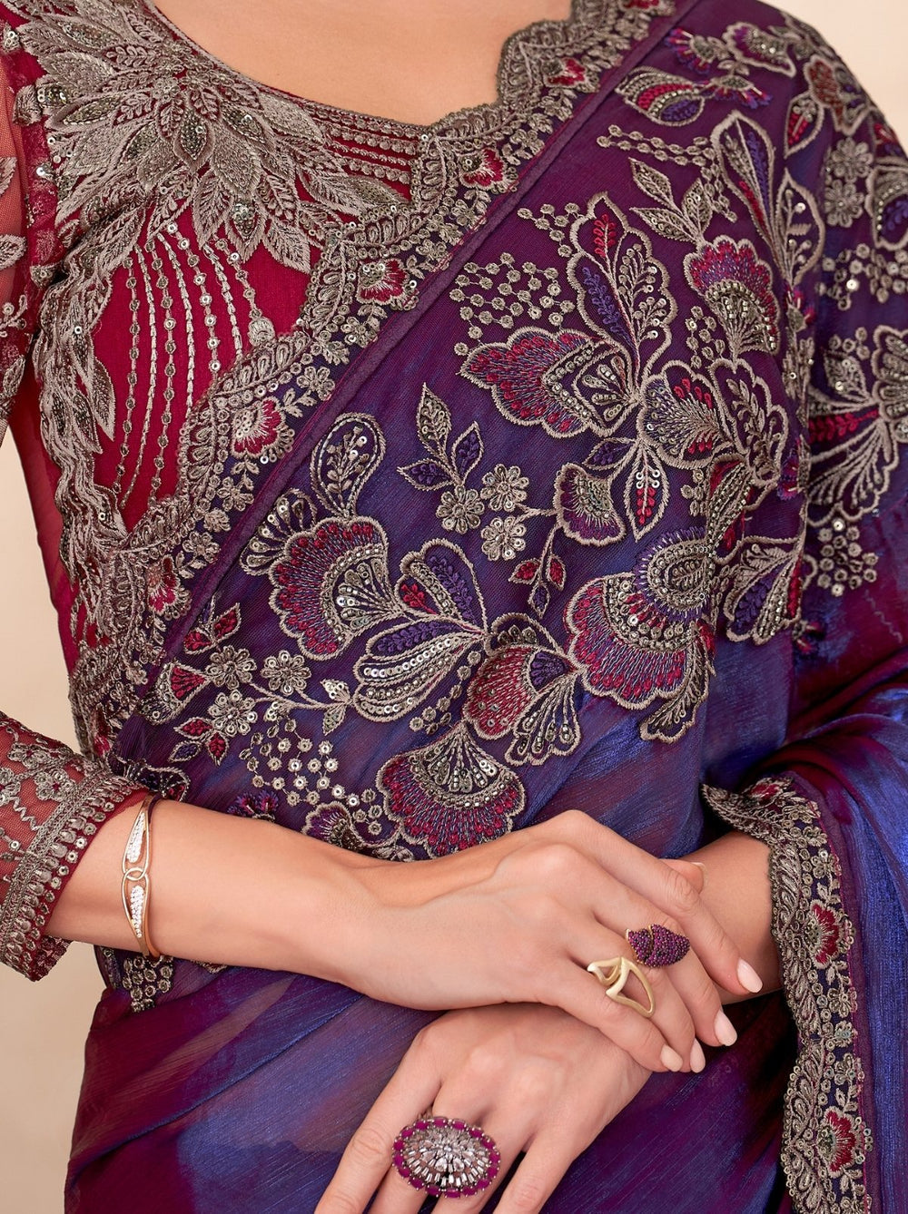 Space Purple Pure Georgette Chiffon With Embroidery Sequins Saree 