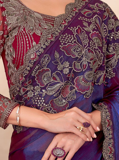 Space Purple Pure Georgette Chiffon With Embroidery Sequins Saree 