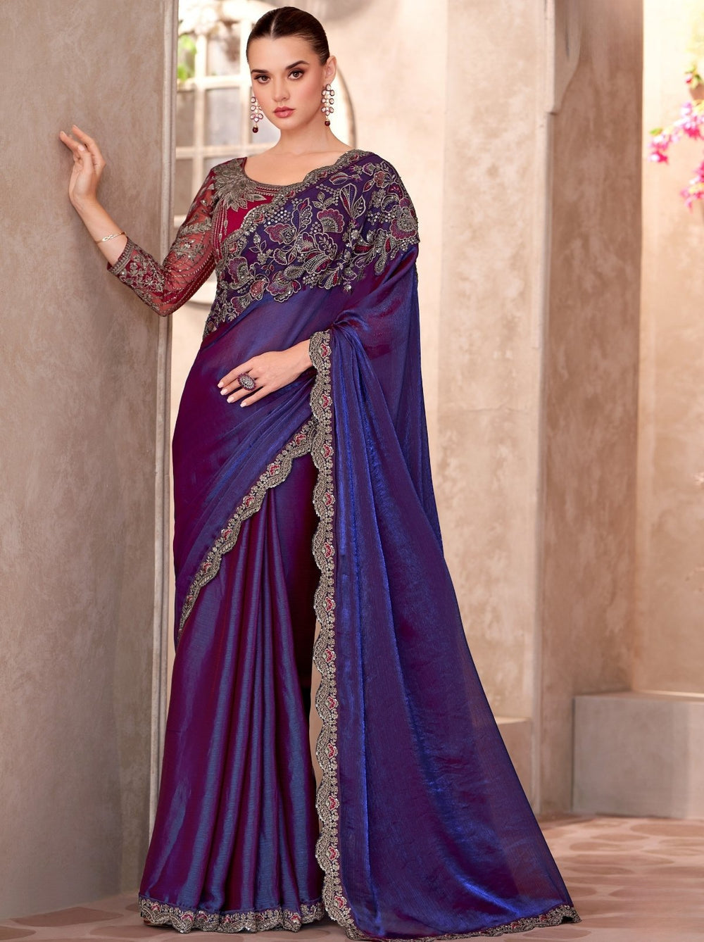 Space Purple Pure Georgette Chiffon With Embroidery Sequins Saree 