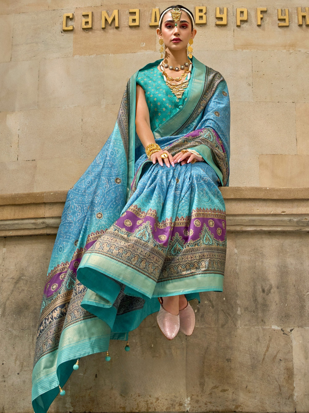 Olympic Blue Pure Viscose Silk Blend Foil Print Saree