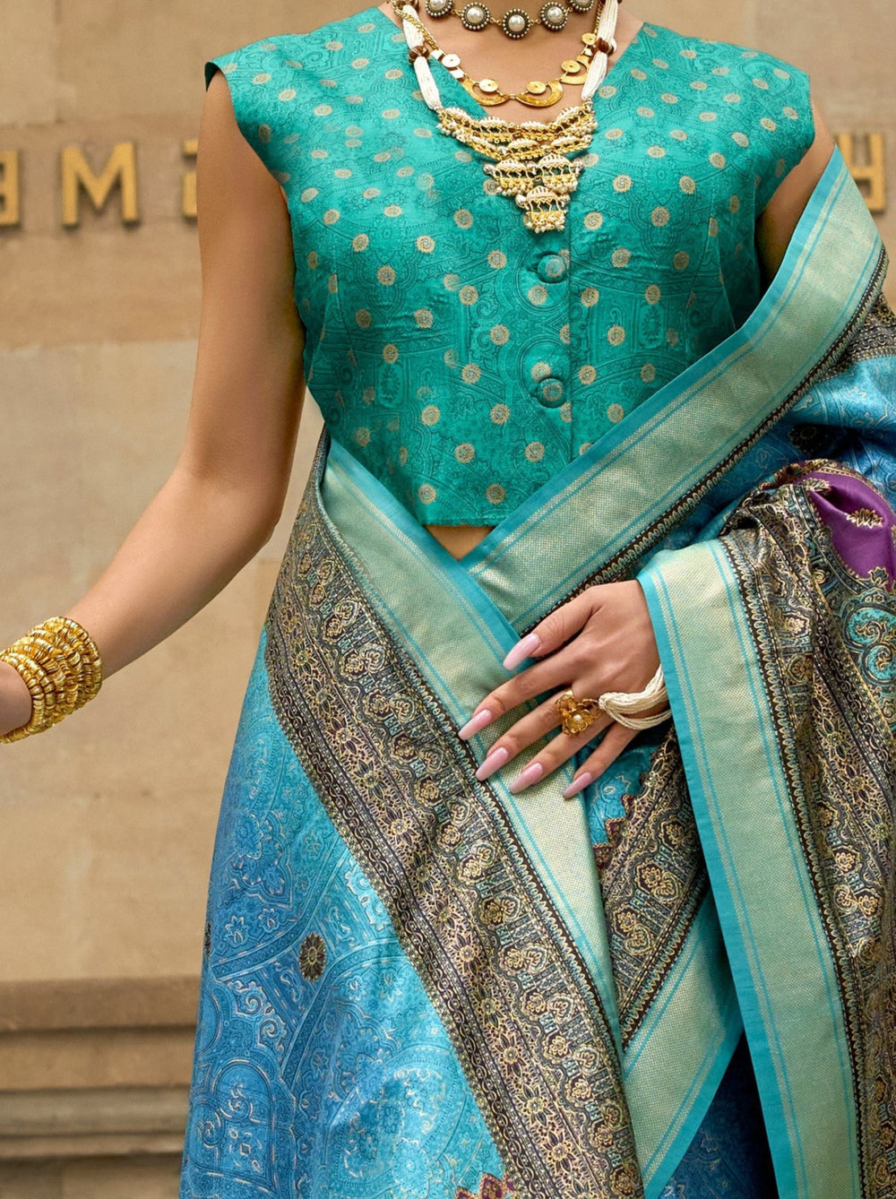 Olympic Blue Pure Viscose Silk Blend Foil Print Saree