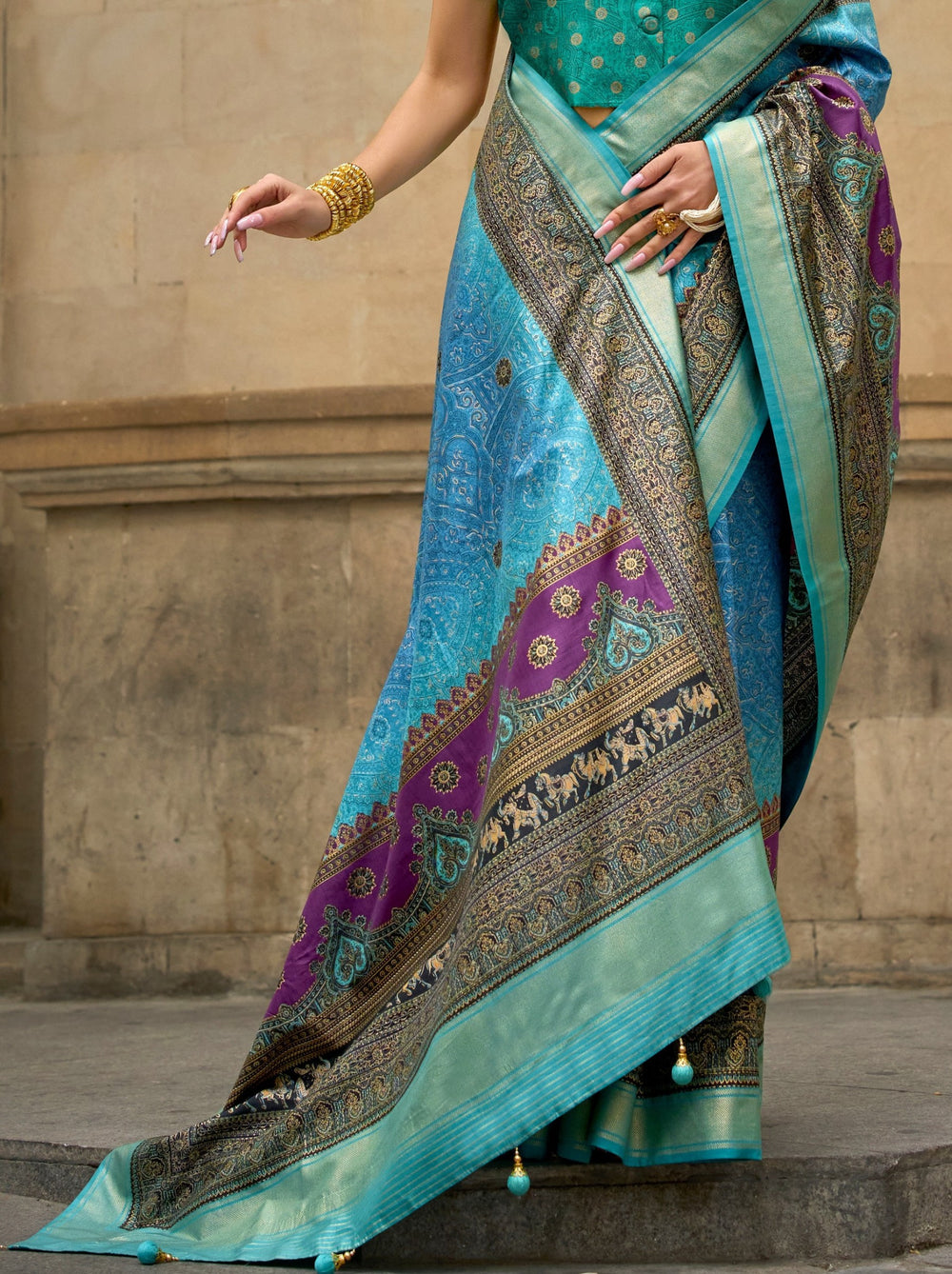 Olympic Blue Pure Viscose Silk Blend Foil Print Saree