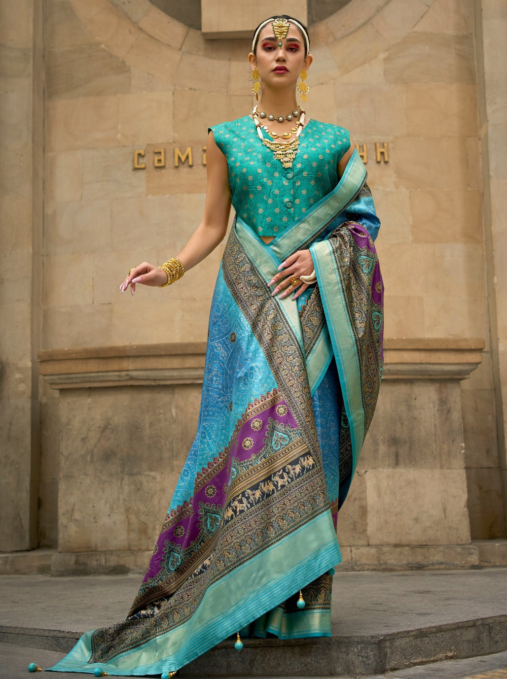 Olympic Blue Pure Viscose Silk Blend Foil Print Saree 