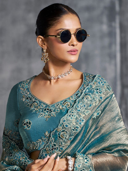 Blue Premium Zari Tissue Silk Bridal Saree