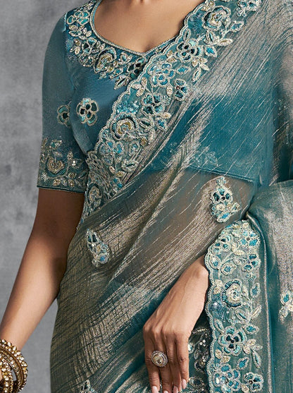 Blue Premium Zari Tissue Silk Bridal Saree