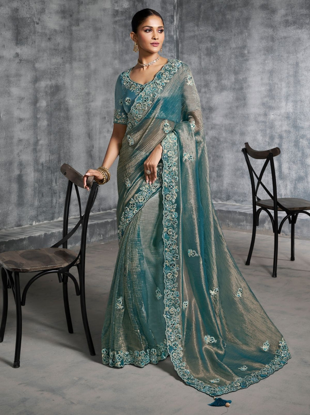 Blue Premium Zari Tissue Silk Bridal Saree
