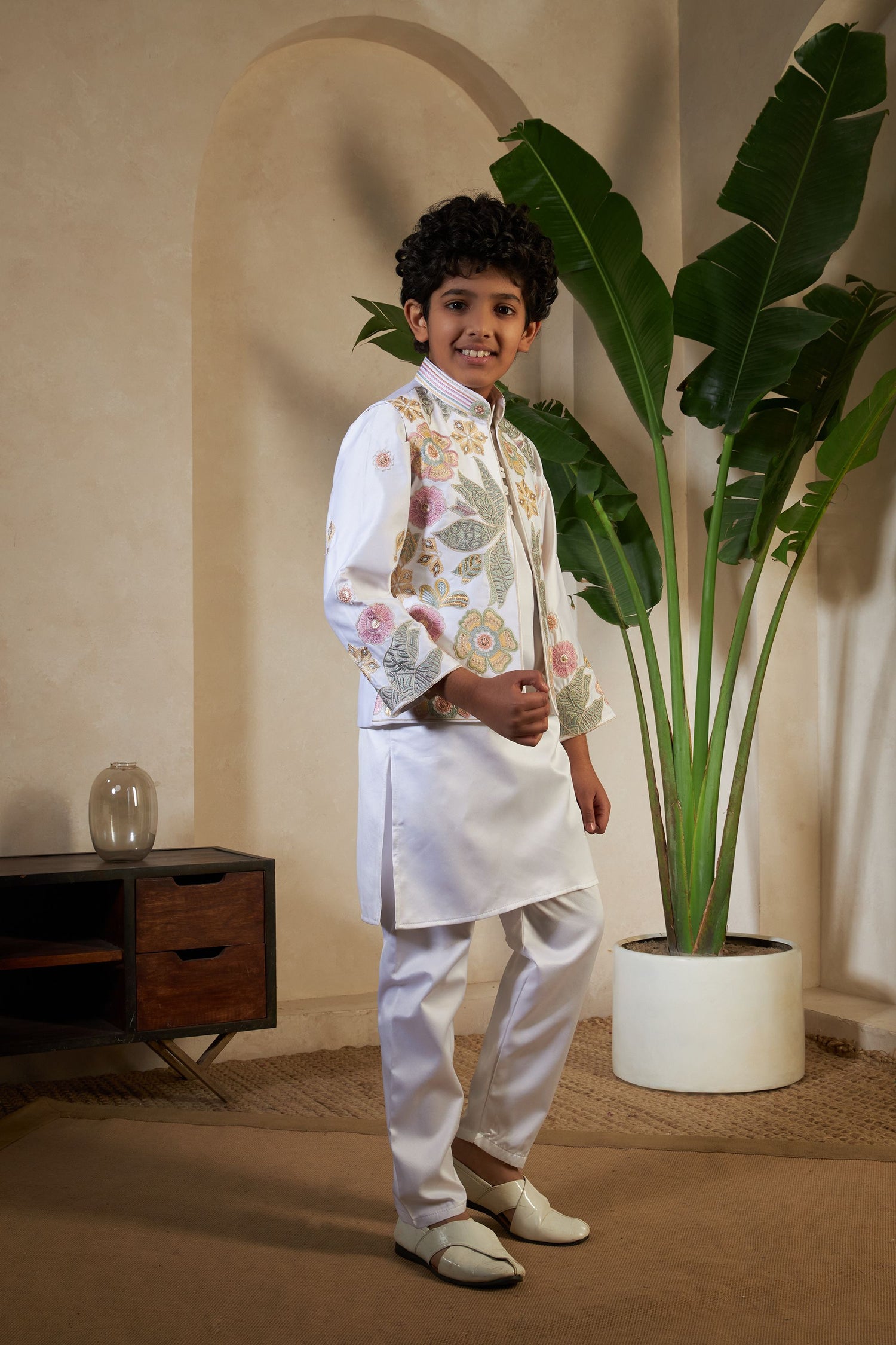 White Pure Satin Silk Kids Boy Kurta Pajama With Koti Jacket 