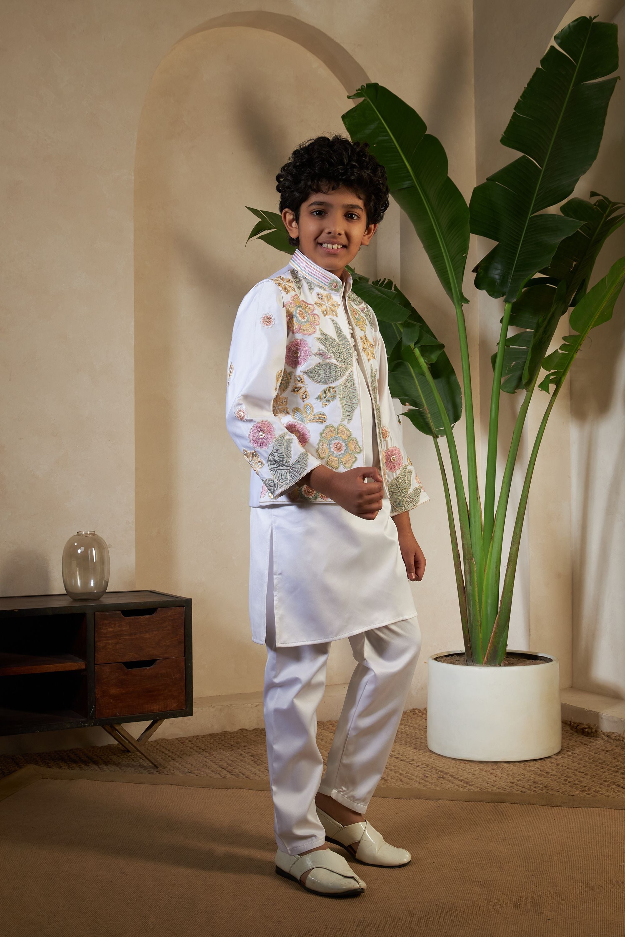 White Pure Satin Silk Kids Boy Kurta Pajama With Koti Jacket 