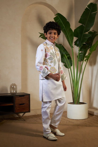 White Pure Satin Silk Kids Boy Kurta Pajama With Koti Jacket 