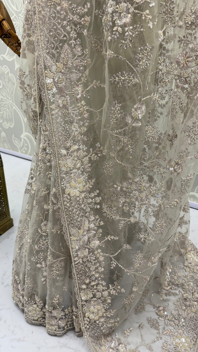Beige Pure Premium Net Handwork Kasti &amp; Motif Zari Metallic Sequins Work Wedding Saree