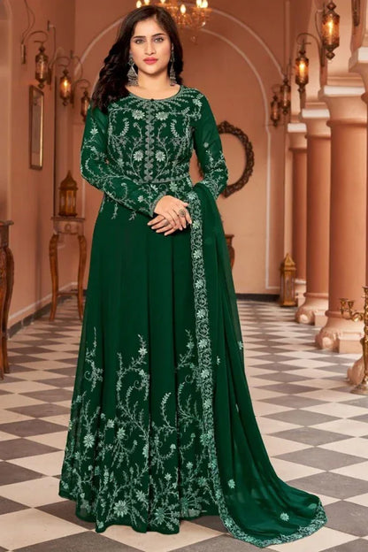 Beautiful Designer Bottle Green Faux Georgette Anarkali Suit