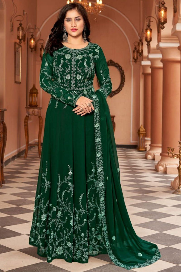 Beautiful Designer Bottle Green Faux Georgette Anarkali Suit