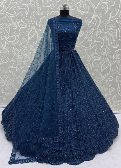 Blue Pure Soft Net Heavy Embroidery Work Bridal Lehenga 
