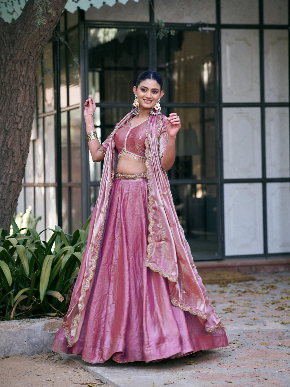 Light Pink Pure Fendi Silk Sequins &amp; Thread Embroidery Work Lehenga Choli