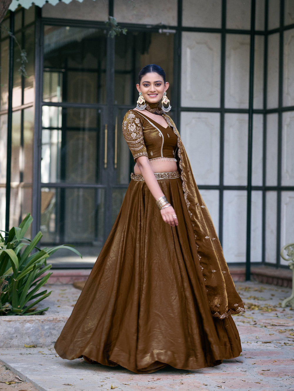 Brown Pure Fendi Silk Sequins &amp; Thread Embroidery Work Lehenga Choli
