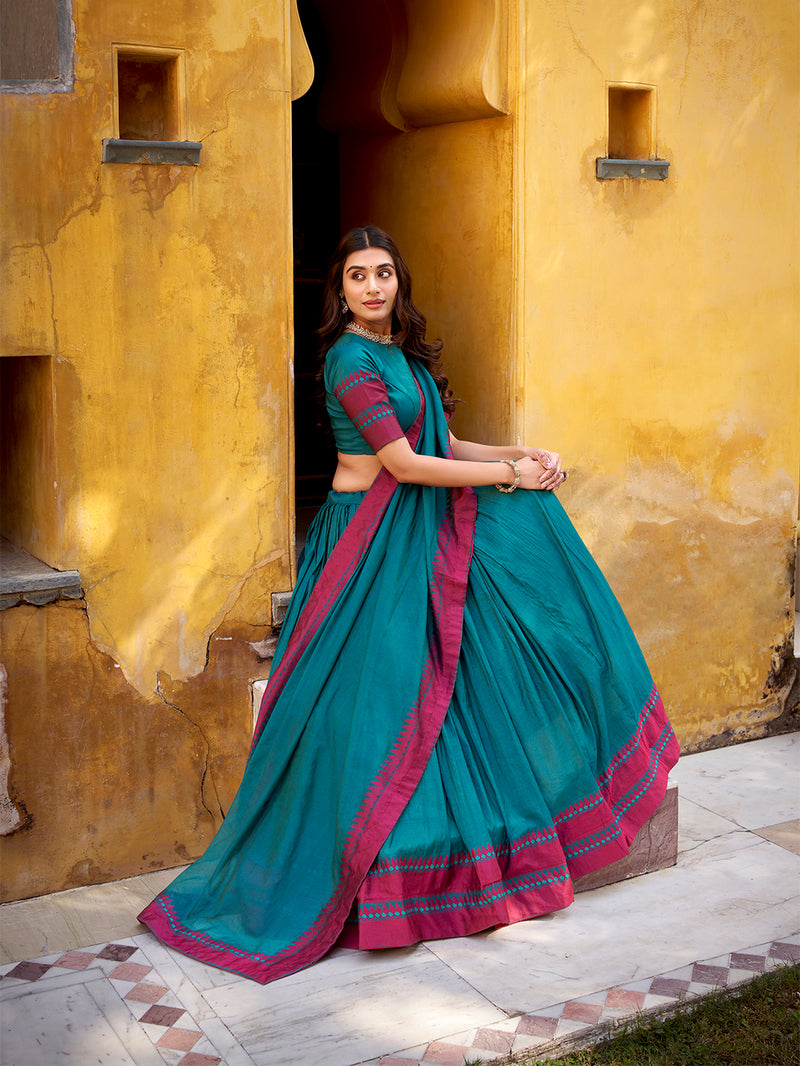 Teal Color Thread Work With Chanderi Lehenga Choli 