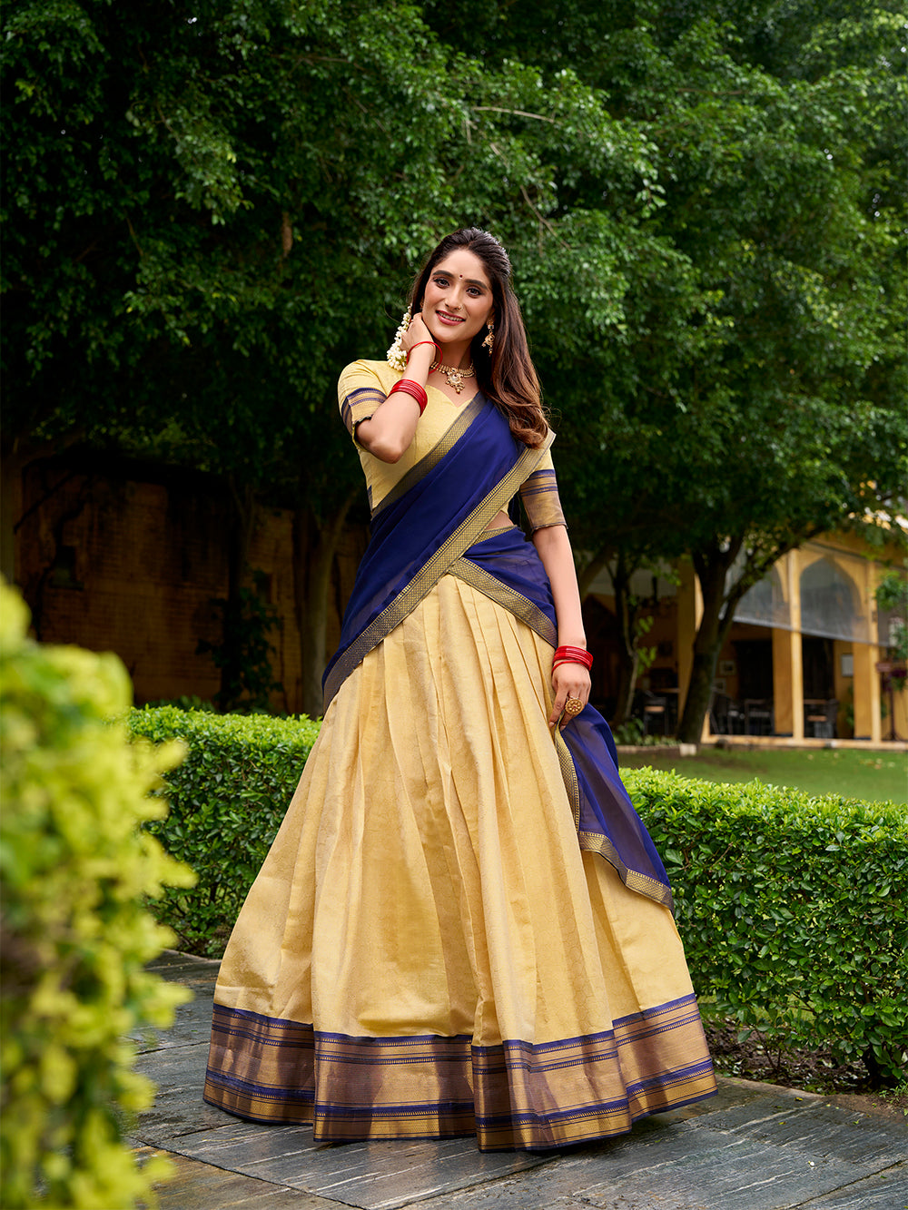Navy Blue Pure Kanchipuram Silk Zari Weaving South Indian Lehenga Choli