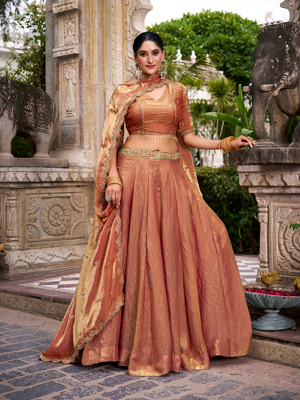 Orange Pure Fendi Silk Sequins &amp; Thread Embroidery Work Lehenga Choli