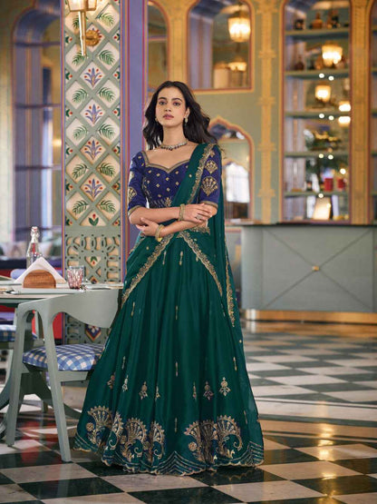 Green Pure Soft Rangoli Silk Sequins and Thread Embroidery Lehenga Choli