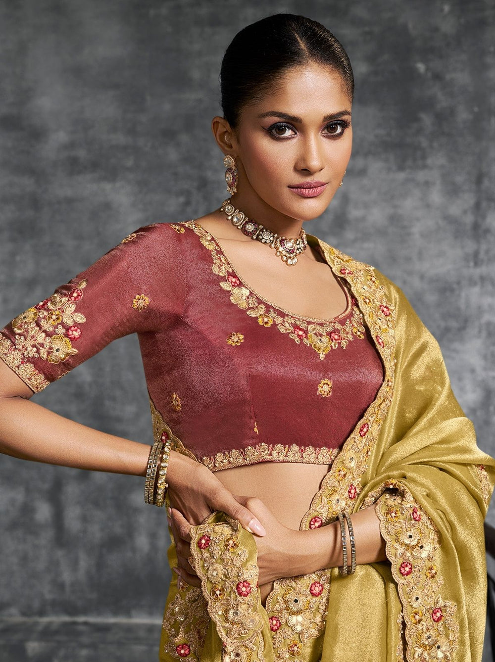 Gold Premium Zari Tissue Silk Bridal Saree 